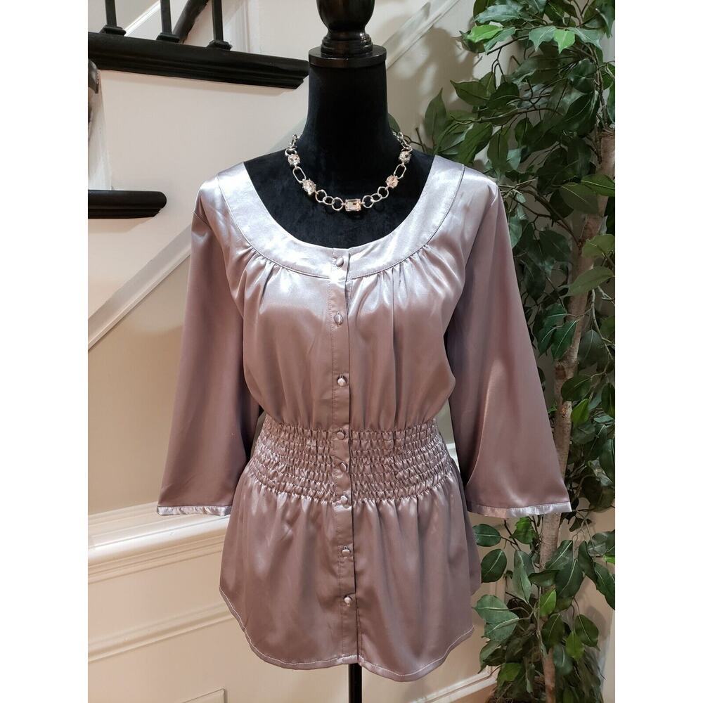 Unique Spectrum Women's Gray Round Neck Long Sleeve Button Down Shirt Size 18W